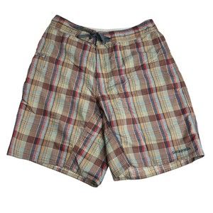Patagonia Shorts Mens 31 Brown Tan Plaid Lightweight Nylon Casual Outdoor Hiking